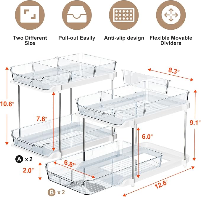 Delamu 2-Tier Multi-Purpose Bathroom Under Sink Organizers and Storage, Stackable Kitchen Pantry Organization, Pull Out Medicine Cabinet Organizer with Movable Dividers, Blue, 4 Pack - Image 2