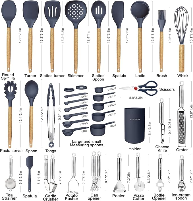 Cooking Utensils Set- 35 PCs Kitchen Utensils with Grater,Tongs, Spoon Spatula &Turner Made of Heat Resistant Food Grade Silicone and Wooden Handles Kitchen Gadgets Tools Set for Cookware - Image 2