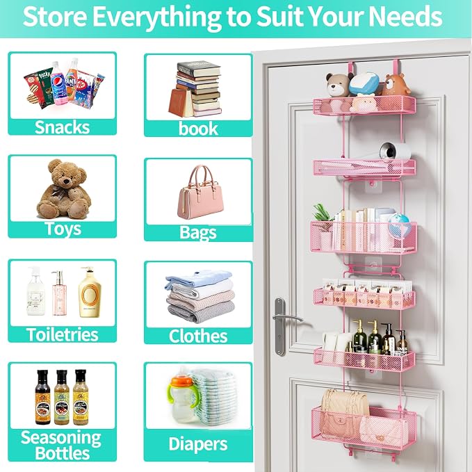 HapiRm Over Door Organizer Storage - Separable Door Organizer Hanging with 6 Metal Large Capacity Baskets for Bathroom Bedroom Kitchen Pantry Closet (Pink) - Image 7