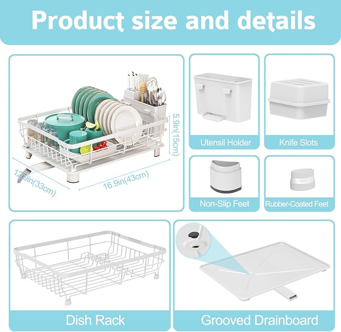 Dish Drying Rack for Kitchen Counter,12.8" W x 16.9" L,White - Image 6