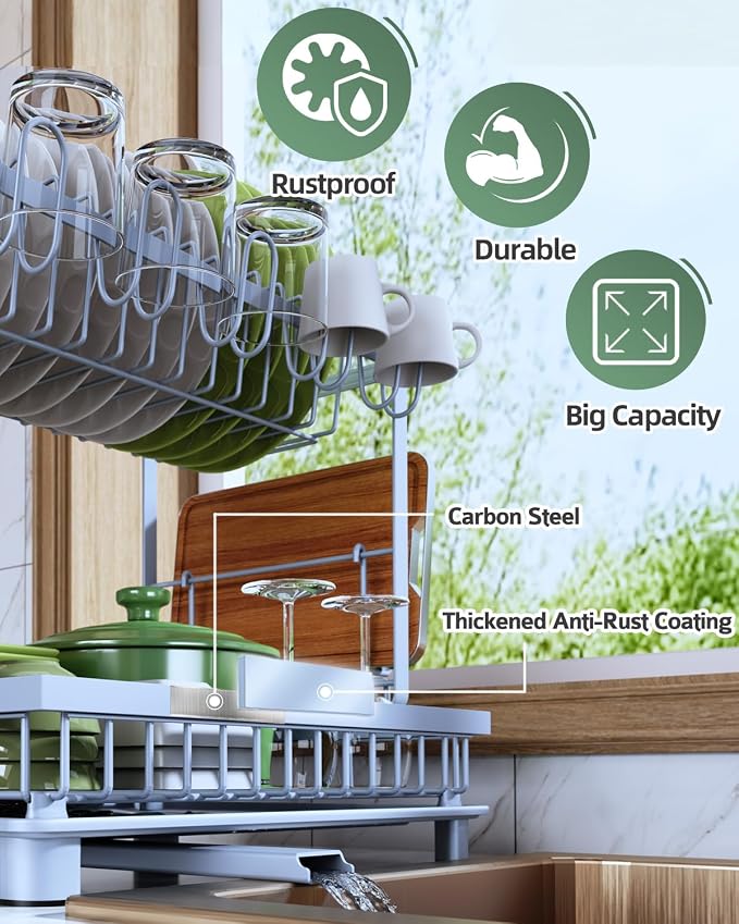 2-Tier Dish Drying Rack for Kitchen Counter, Space-Saving, Blue - Image 4