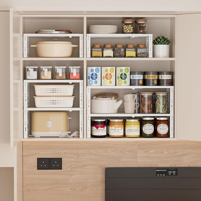 Heavy-Duty Adjustable Metal Shelf Organizer - Expandable & Stackable Pantry Storage Rack for Kitchen, Bathroom, RV, Cabinets(2 Packs/White, Medium) - Image 4