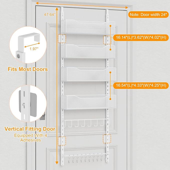 Over the Door Organizer, 2 in 1 Metal Hanging Closet Organizer & Hat Rack with 4 Adjustable Baskets, 8 Hooks, 10 Clips, Behind The Door Storage for Bedroom, Bathroom, Entrance, Closet, Kitchen, White - Image 3