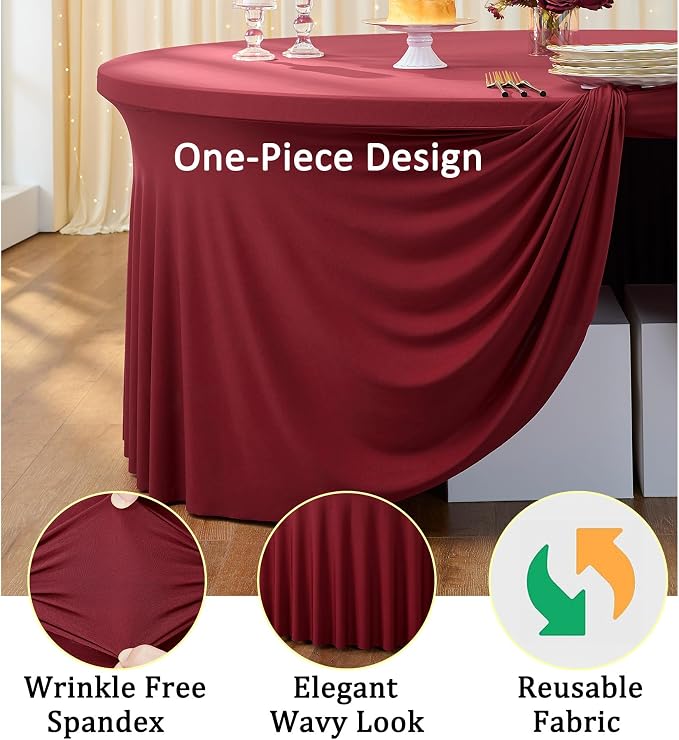8 Pack Burgundy Round Spandex Tablecloth for 72 inch Table, Stretchy 132inch Fitted 6FT Round Table Cloths Maroon, Wrinkle Free Table Cover with Skirt for Wedding Birthday Christmas Party Banquet - Image 3