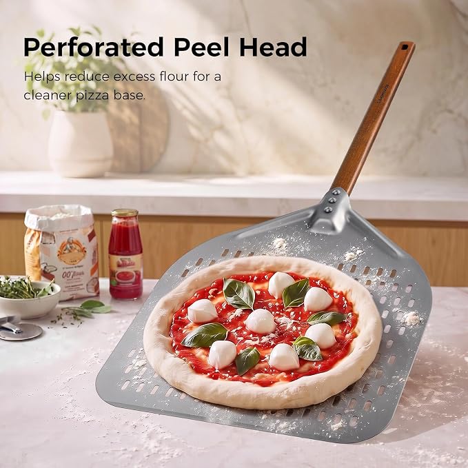 G.a HOMEFAVOR 14" x 17" Perforated Pizza Peel 35 Inch overall, Rectangular Aluminum Pizza Turning Peel with Walnut Wooden Handle For Baking Pizza Brick Oven - Image 4