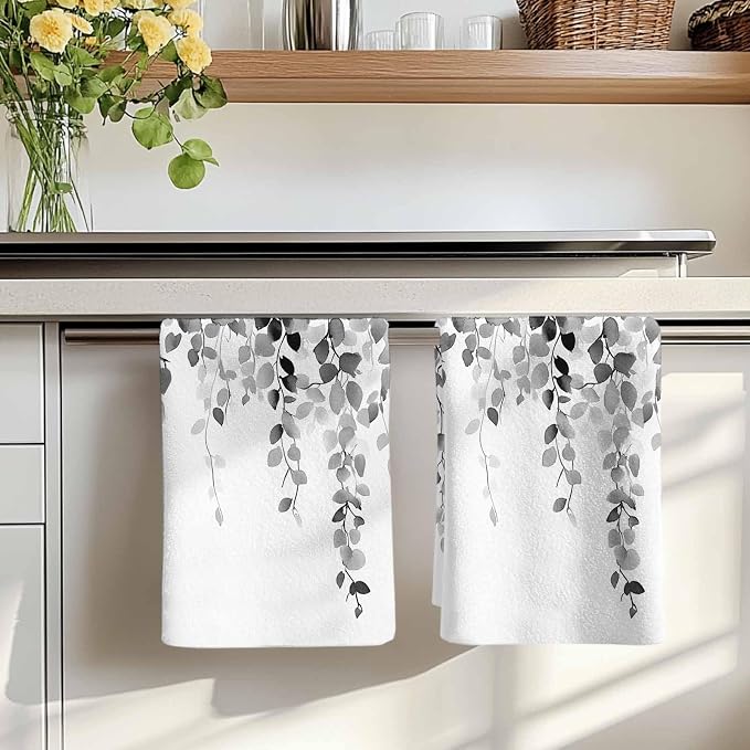 Gray Eucalyptus Kitchen Towels Set of 1, Absorbent Dish Towels for Kitchen, Spring Botanical Plants Weeping Flowers Microfiber Hand Towel, Quick Drying Tea Towel for Cleaning Decorative Dishcloths - Image 7