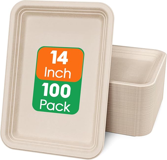 ECOLipak 100 Pack 14 in Compostable Natural Disposable Food Crawfish Trays | Large Paper Thanksgiving Plates for Turkey, BBQ, Seafood Boil Party Supplies, Heavy Duty, Biodegradable, Sugarcane Bagasse by ECOLipak