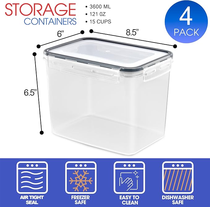 Sorbus Air Tight Pantry Storage Containers, with Lids (4 Pack) | Four-way snap closure helps keep cereal, pasta, flour, nuts and candy fresh; durable plastic bins for kitchen use. - Image 4
