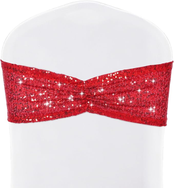 SquarePie Red Sequin Chair Sashes Bows 120 Pcs Glitter Chair Back Cover Ties Bands for Wedding Banquet Party Decor by SquarePie