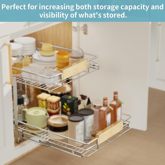 LOVMOR 2 Tier Pull Out Cabinet Organizer 13½" W x 21½" D, Slide Out Drawers with Wooden Handle, Sliding Shelves Organization and Storage for Kitchen, Pantry - Image 6