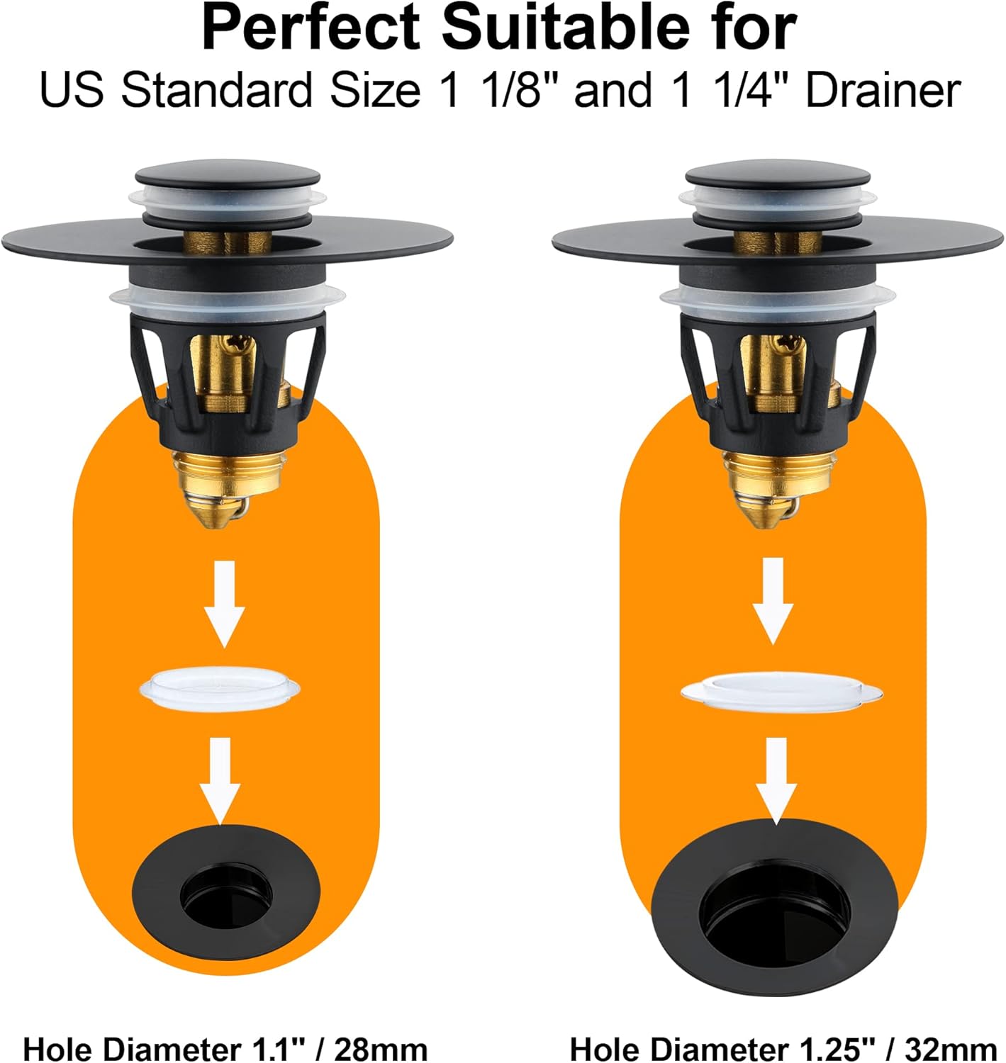 Black Bathroom Sink Drain Stopper, Sink Stopper Fits for 1.25" Drain Hole with 3 Rubber Rings, Anti Clogging Pop up Drain Filter Plug, Wash Basin Strainer with Basket, Matte Black