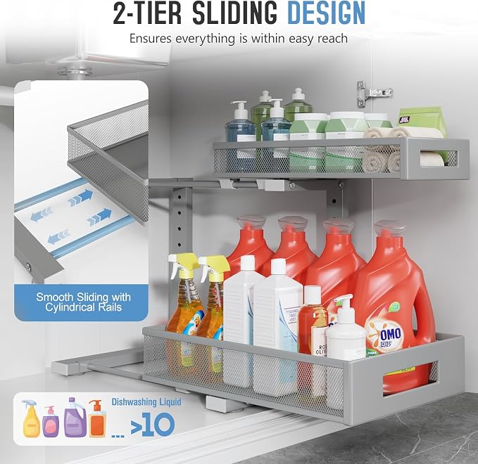 1 Pack-11.4"-16.14" H Under Sink Storage Organizer, Large 2-Tier Elegant Mesh Pull Out Shelf for Kitchen & Bathroom Cabinet Organization, L-Shaped, Adjustable Height-Gun Gray - Image 4