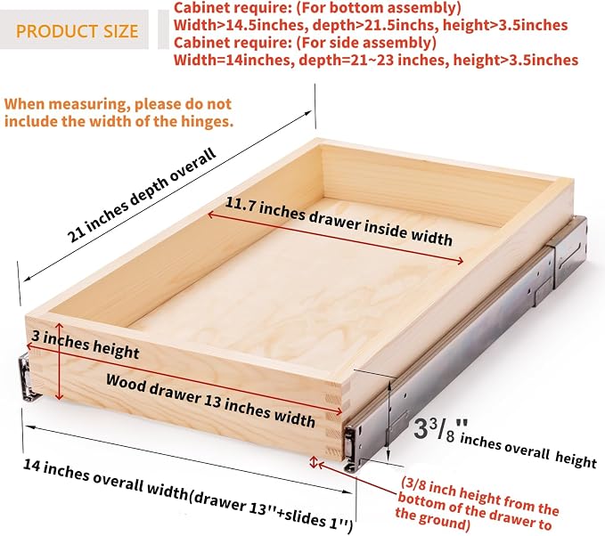 Mulush 13”W x 21”D x 3”H Soft Close Slide Out Wood Drawer Organizer for Kitchen, (Cabinet Opening Width>14.5 inches for Bottom Assembly, Width= 14 inches for Side Assembly) - Image 3