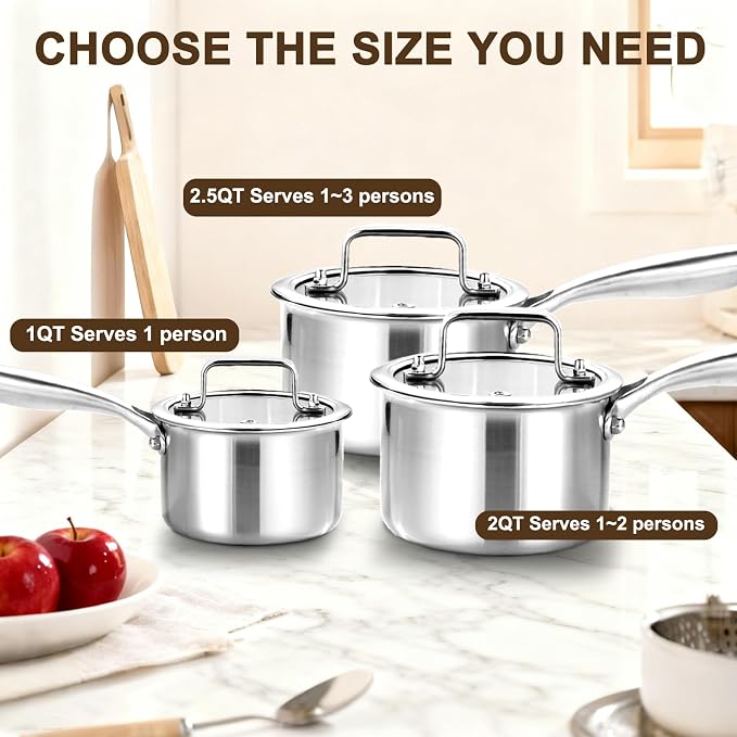 DELARLO Full-body Clad Tri-ply Stainless Steel 2 Quart Saucepan with Lid - Image 6