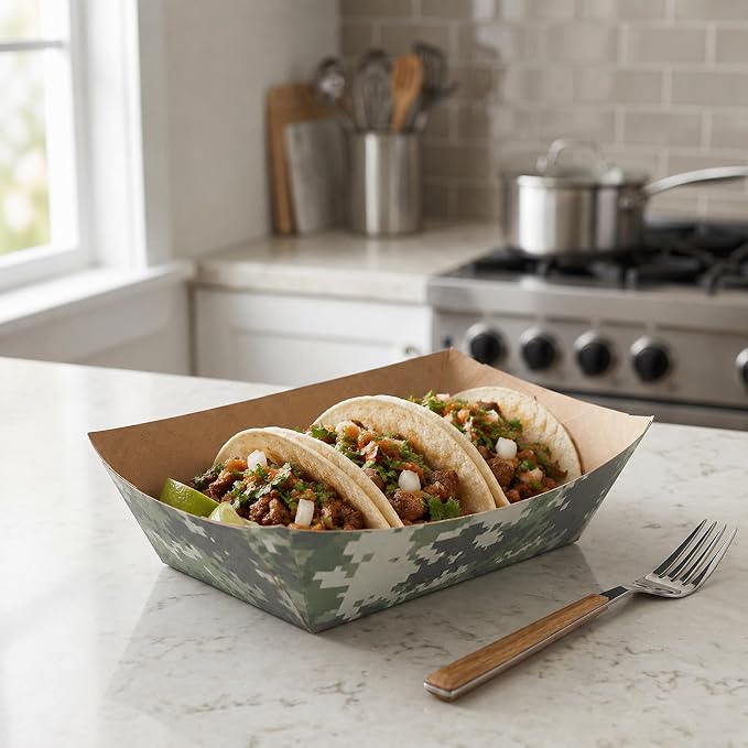 Restaurantware-Bio Tek 1/2 Pound Food Trays, 400 Disposable Paper Food Trays - Heavy-Duty, Greaseproof, Camouflage Paper Food Boats, For Snacks, Appetizers, Or Treats, Use At Parties Or Carnivals - Image 3