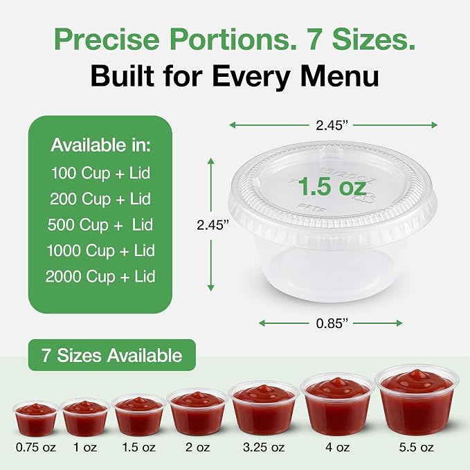0.75-5.5 oz Plastic Portion Cups with Lids, 100-2000 Count, Dessert Cups with Lids, Jello Shot Cups with Lids, Small Plastic Cups for Salad Dressing & Condiments (200, 1.5, ounces) - Image 4