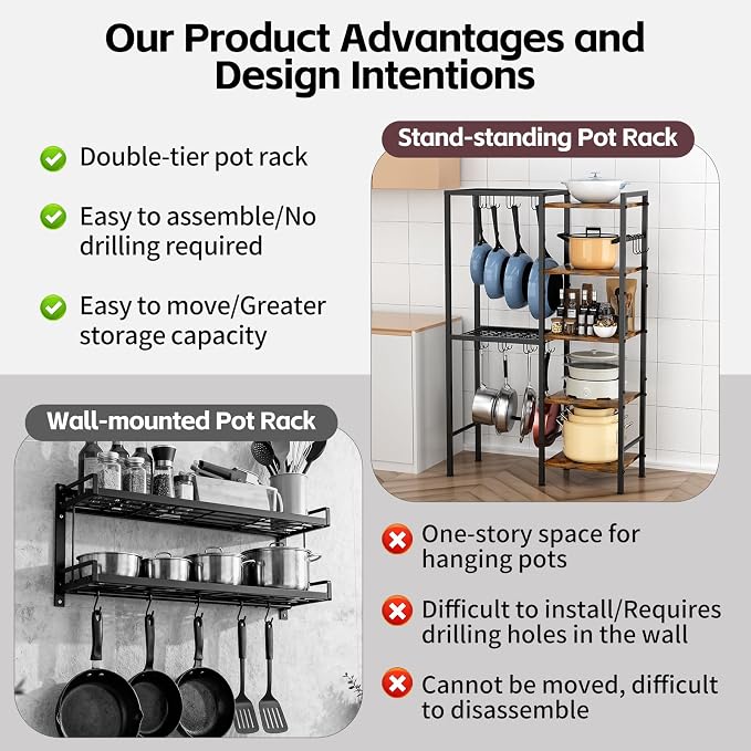 5-Tier Pot and Pan Organizer Rack with Hooks, Heavy-Duty Kitchen Storage Shelf for Cookware, Dishes, and Utensils, Freestanding Metal Pot Rack Organizer for Kitchen, Pantry, or Dining Room - Image 5