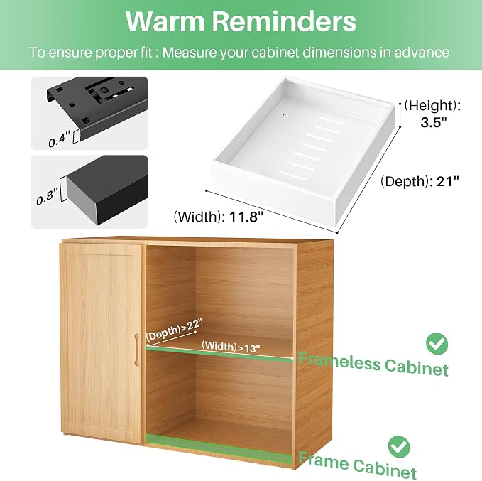 Pull out Cabinet Organizer, 21"Deep, 11.8"Wide Full-Extension Heavy Duty Slide out Drawers with Nano Adhesive, Roll Out Shelves Sliding Cabinet for Kitchen, Bathroom, Pantry,Under Sink Storage(White) - Image 2