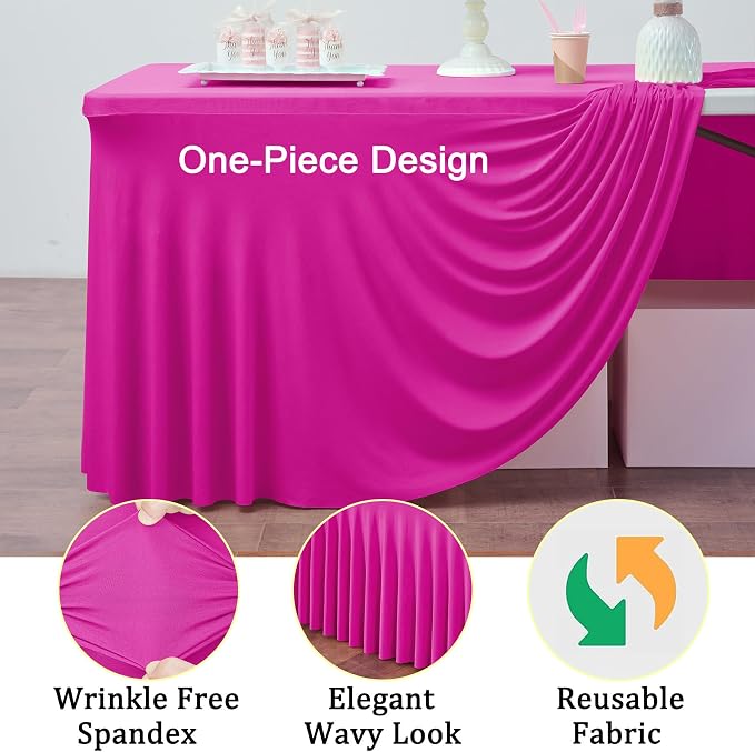 3 Pack Hot Pink Spandex Tablecloth for 6 Foot Rectangle Tables, Wrinkle Free Fitted Table Cloth Cover 6ft Fuchsia Stretchy Tablecloths with Skirt for Parties Weddings Birthday Banquet Baby Shower - Image 3