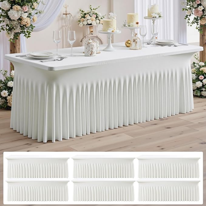 NSSONBEN 4 pk Ivory Spandex Tablecloths for 8 Foot Rectangle Tables,Wrinkle Free Stretchy Cream Table Clothes Fitted Table Cover 8 ft Desk Skirt for Parties Weddings Birthday Banquet Baby Shower by ENJOYYOURPARTY