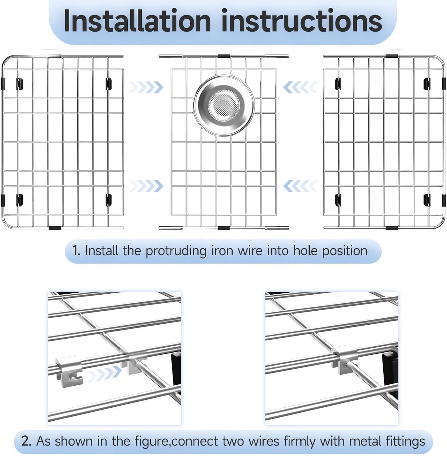 28-7/8’’ x 14-3/8’’ Stainless Steel Sink Protector, Sink Protectors for Kitchen Sink, Sink Grid, Sink Grate for Bottom with Rear Drain, Metal Sink Rack for Bottom of Sink with Corner Radius