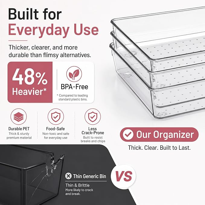 12 Pack Large Drawer Organizer Bins - Clear Plastic Bathroom Drawer Organizer Trays - Heavy Duty Kitchen Drawer Dividers for Utensils - Non-Slip Storage Bins for Makeup, Bedroom, Office Desk - Image 4