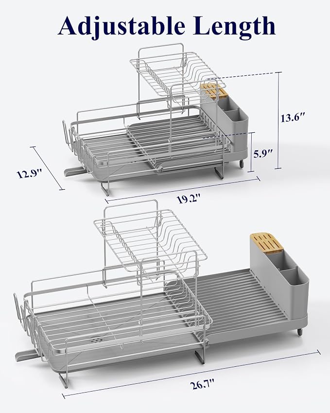 Kitsure Extendable Dish Drying Rack, 19.2"-26.7" L x 12.9" W, 2-Tier - Image 5