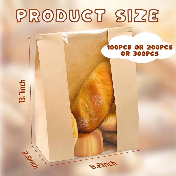 300 Packs Paper Bread Bags for Homemade Bread, Sourdough Bread Bags with Tin Strip, Bakery Packaging Bags with Clear Window for Cookies Bread (13.7x8.2x3.5 inch) - Image 2