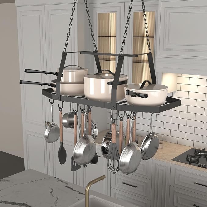 Hexagon Ceiling Pot Rack Hanging Pan Rack Hanging with 15 Hooks | 34" Metal Hanging Pots and Pans Ceiling Mount Organizer Rack, Pot and Pan Hangers for Kitchen Cookware Utensils - Image 4