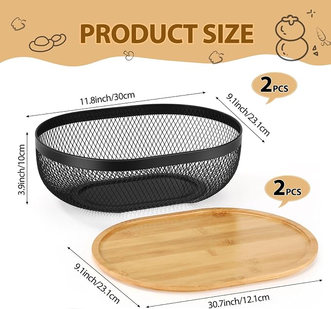 2 Pcs Oval Metal Mesh Storage Baskets with Tray Lids, Black Wire Organizer for Kitchen Countertop, Multi-functional Fruit and Bread Baskets for Home, Cabinet and Decorative Storage - Image 2