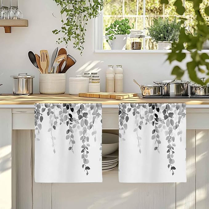 Gray Eucalyptus Kitchen Towels Set of 1, Absorbent Dish Towels for Kitchen, Spring Botanical Plants Weeping Flowers Microfiber Hand Towel, Quick Drying Tea Towel for Cleaning Decorative Dishcloths - Image 4
