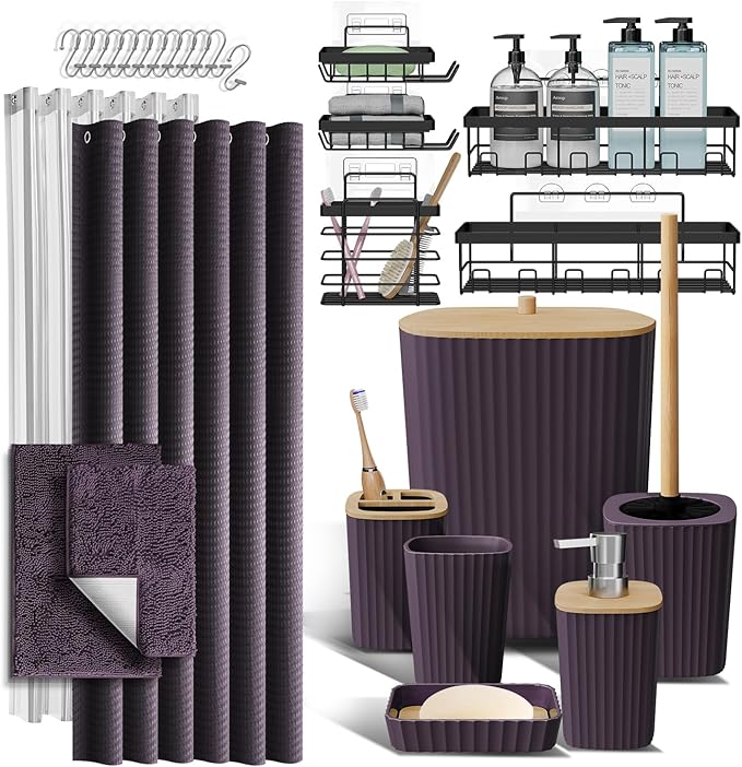 Clara Clark Bathroom Accessories Set - 27PC Bathroom Set with Adhesive Corner Shower Caddy Hanging, Bathroom Sets with Shower Curtain and Rugs, Purple Shower Curtain Set with Bathroom Trash Can by ClaraClark