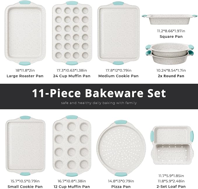 11-Piece Non-Toxic Bakeware Set – Nonstick, Stackable & Oven Safe Pans set | with Heat-Resistant Silicone Handles – Cookie Sheet, Cake Pan, Muffin Mold, Pizza Tray & Bread Loaf Dish, White & Sky Blue - Image 2