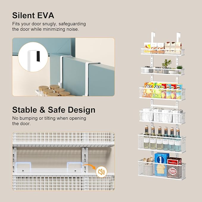 6-Tier Over The Door Pantry Organizer,Hanging Spice Rack,Grid Basket,White - Image 4