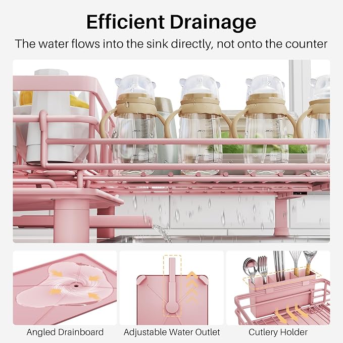 SNTD Expandable Dish Drying Rack for Kitchen Counter, Stainless Steel, Pink - Image 6