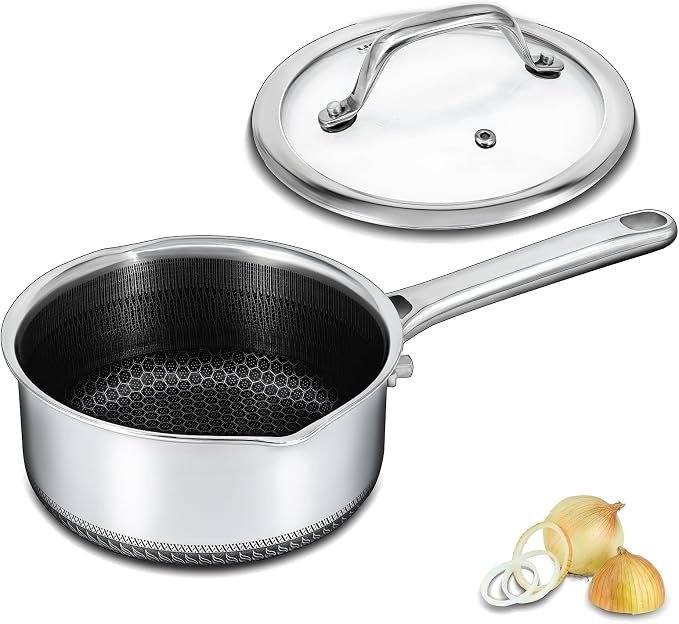 Hybrid Nonstick 2 QT Saucepan with Lid, Stainless Steel Honeycomb Pot with Two Pour Spouts,Compatible with All Cooktops,Dishwasher and Oven Safe by Unknown