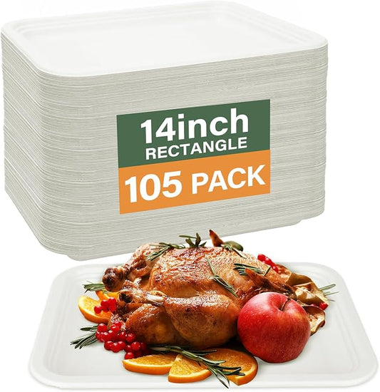 14 Inch Disposable Food Trays, White, 105 Pack | Disposable Serving Tray, Crawfish Trays, 100% Compostable & Biodegradable, Heavy Duty, For Everyday, Party, Picnic, BBQ by BangShou