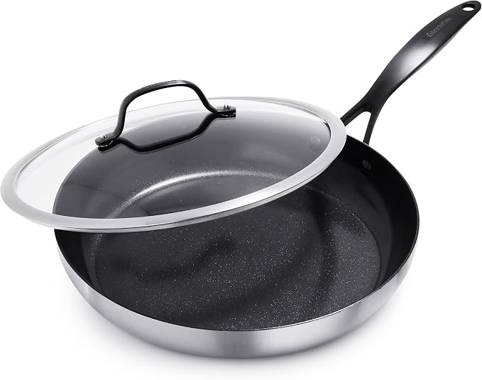 GreenPan Venice Pro Noir Tri-Ply Stainless Steel Healthy Ceramic Nonstick 12" Frying Pan Skillet with Lid, Matte Black Handle, PFAS-Free, Multi Clad, Induction, Dishwasher Safe, Oven Safe, Silver by GreenPan