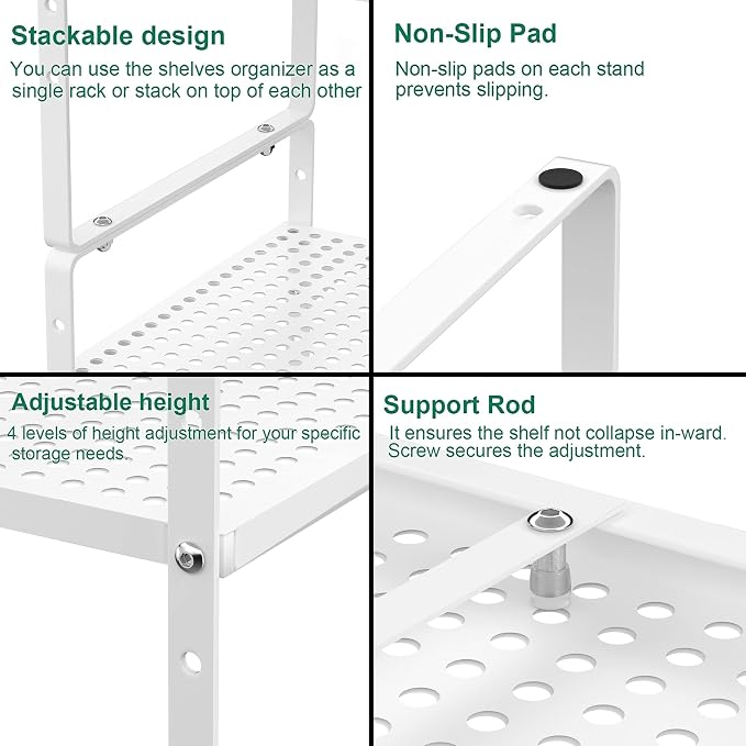 Redrubbit Expandable Cabinet Storage Shelf, Adjustable Height Steel Metal Kitchen Counter Organizers Shelves Spice Rack for Kitchen Pantry Bathroom Cupboard Desk Home Office, White-1 Pack - Image 6