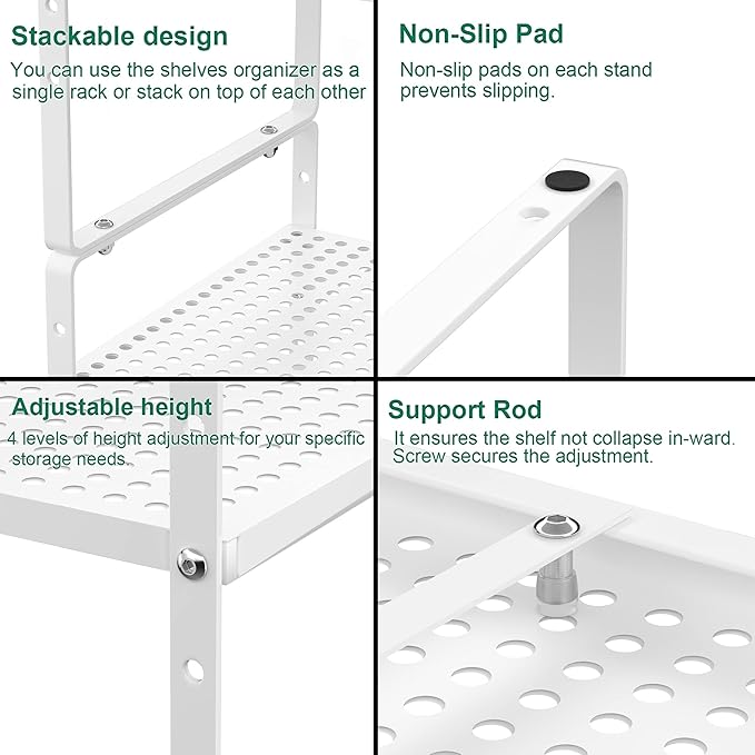 Redrubbit Expandable Cabinet Storage Shelf, Adjustable Height Steel Metal Kitchen Counter Organizers Shelves Spice Rack for Kitchen Pantry Bathroom Cupboard Desk Home Office, White-3 Pack - Image 5