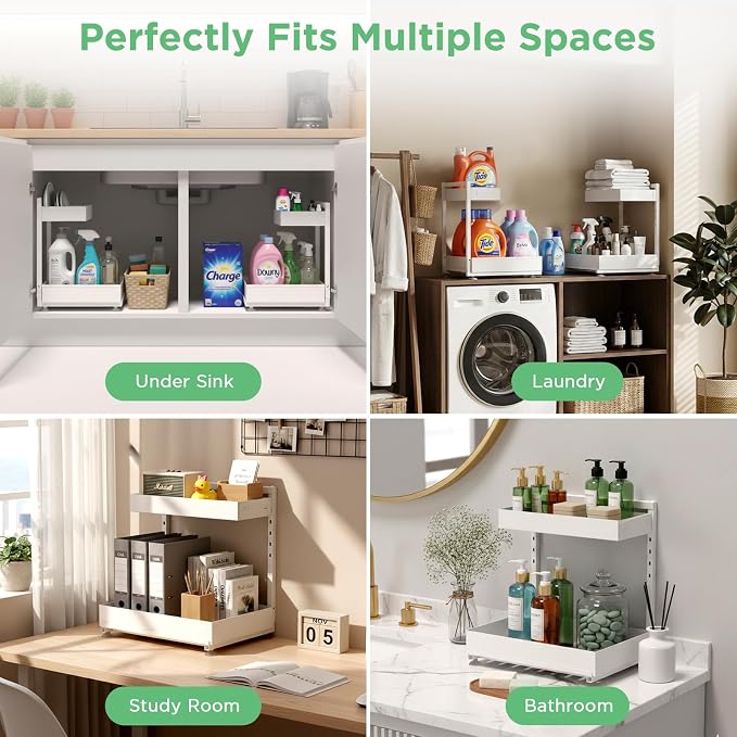 Under Sink Organizer Bathroom Kitchen: 2 Pack 2 Tier Metal Under Cabinet Storage with Height-adjustable Shelf and Pull out Rack for Pantry Vanity Cupboard Counter Countertop, White - Image 5
