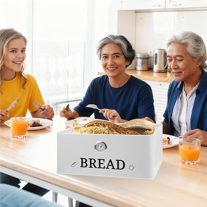 White Bread Box for Kitchen Countertop, Bamboo Lid with Hygrometer - Image 7