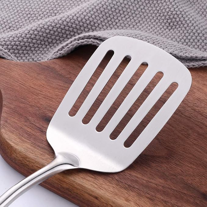7 Pcs Round Handle Cooking Utensil Set, 304 Stainless Steel Silver Titanium Plated Cookware Sets with Public Fork/Spoon, Potato Mashers, Slotted Spatula, Soup Ladle, Pasta Server, Kitchen Tool Gadget - Image 5