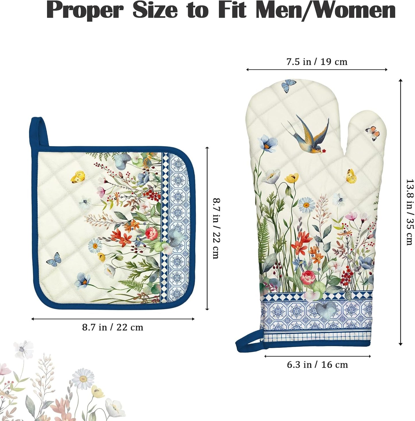 Retro Wildflowers Oven Mitts and Pot Holders Sets 100% Cotton Heat Resistant, Extra Long Oven Gloves Potholder for Kitchen Cooking Baking Housewarming