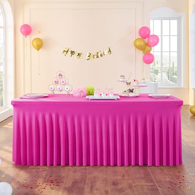 3 Pack Hot Pink Spandex Tablecloth for 6 Foot Rectangle Tables, Wrinkle Free Fitted Table Cloth Cover 6ft Fuchsia Stretchy Tablecloths with Skirt for Parties Weddings Birthday Banquet Baby Shower - Image 7