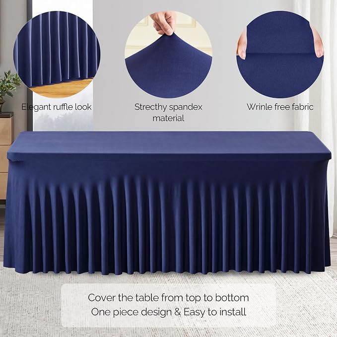 Wish Care 6 Pack Navy Blue Stretch Spandex Table Clothes for 6 Foot Rectangle Tables, 6FT Wrinkle Free Fitted Tablecloths Ruffles Design Table Cover for Party, Banquet, Wedding and Events - Image 2