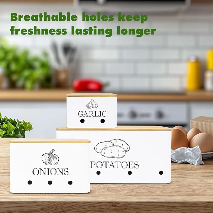 Kitchen Metal Vegetable Storage Bins,Metal Potato Onion Garlic Storage Set of 3 with Aerating Holes and Bamboo Lids,Farmhouse Canisters Sets for the Kitchen Countertop (1, Rectangular) - Image 2