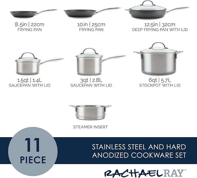 Rachael Ray 70033 Professional Stainless Steel/Hard Anodized Nonstick Cookware Pots and Pans Set, 11 Piece - Gray and Silver - Image 2