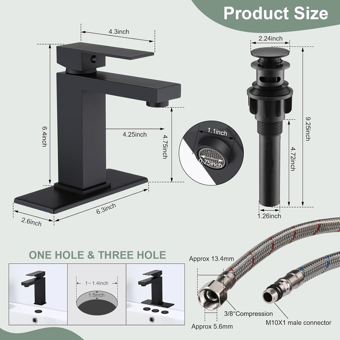 Matte Black Bathroom Faucet Single Handle Bathroom Vessel Sink Faucet 1 Hole Modern Stainless Steel Vanity Faucet for Bathroom Sink with Pop Up Drain Stopper & Water Supply Hoses
