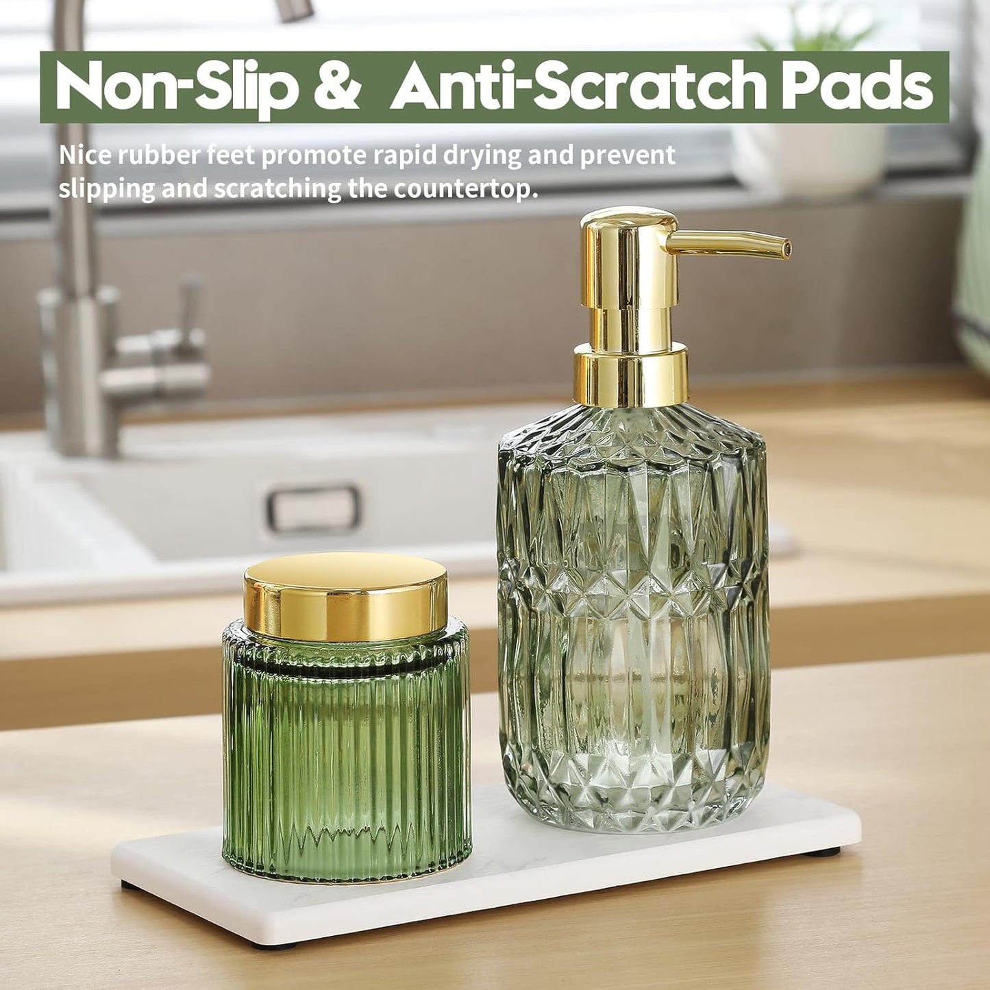 2PCS Diatomite Marble Stone Drying Mat for Kitchen Counter, Water Absorbing Soap Tray Stone Faucet Mat for Bathroom, Quick Dry Splash Guard Sink Protector, Vanity Dish Dispenser Sponge Holder, 8"x3.8"